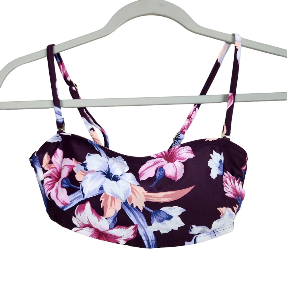 Kona Sol Purple Eggplant Floral Bikini Swimsuit Swimwear Top Women's Size Small